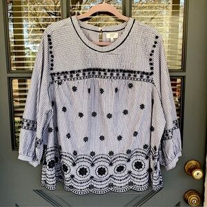 Crown & Ivy Curvy Cotton Blue White Striped Embroidered Pom Pom Trim Blouse 2X